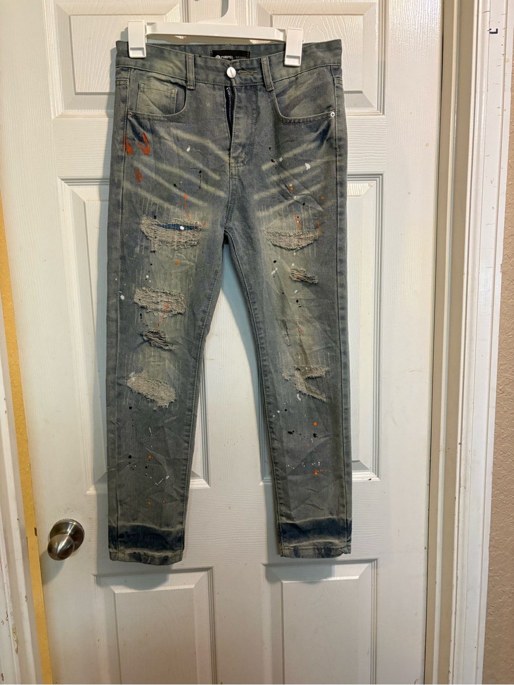 Purple brand Men's Skinny Distressed Gray Paint-Splatter Jeans